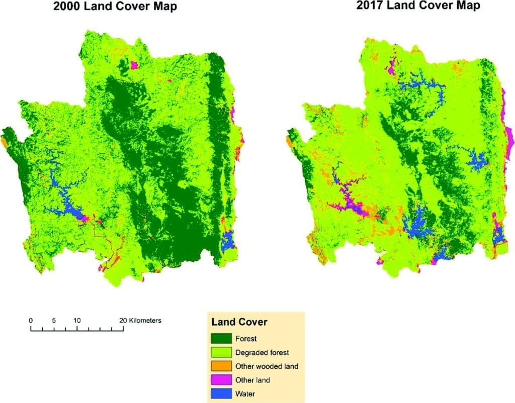 Maps of forest in 2000 and 2017 showing loss of teak forest