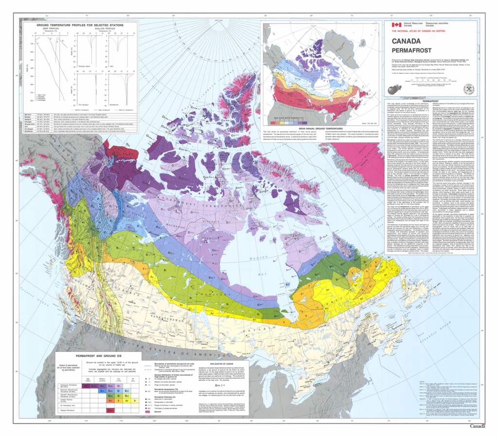 Map of Canada showing extent of land area underlain by permafrost.