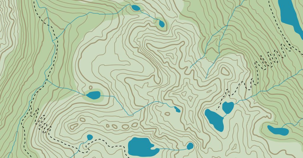 A topographic map of an entirely fictional location depicting rugged mountain peaks, lakes, rivers, and trails, with green colour indicating vegetation.
