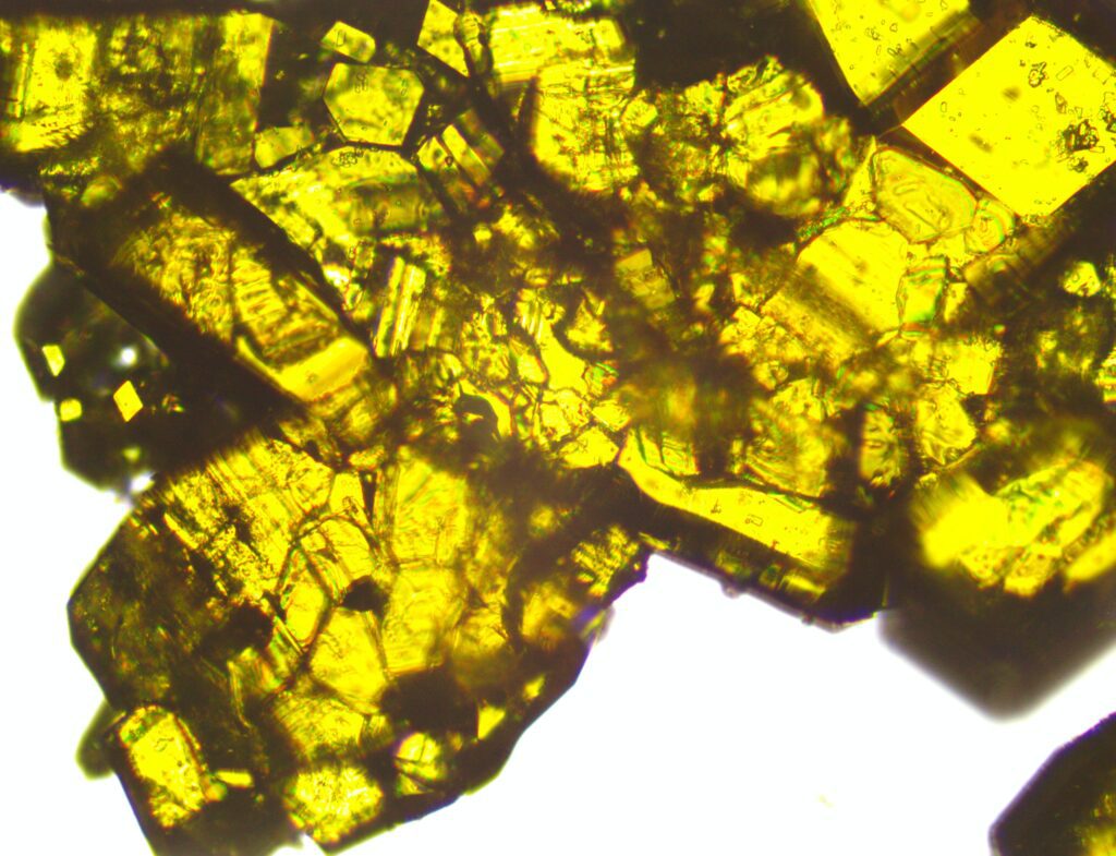 A photo of yellow, semi-transparent iron crystals coordination complex crystals on a white background.